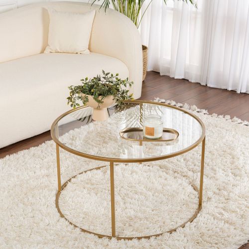 Tavolino da Salotto oro Forma Rotondo Materiale Piano in Vetro 80x80x43h cm, Colore Ripiano Trasparente - Moena