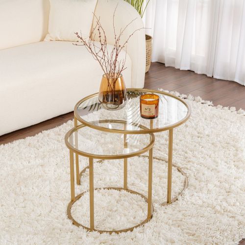 Tavolino da Salotto oro Modulabile Forma Rotondo 60x60x43h cm, Materiale Piano in Vetro - Simaxis