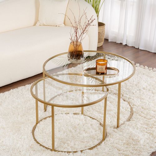 Tavolino da Salotto oro Piano in Vetro Temperato Forma Rotondo 80x80x43h cm, Materiale Piano in Vetro - Telti