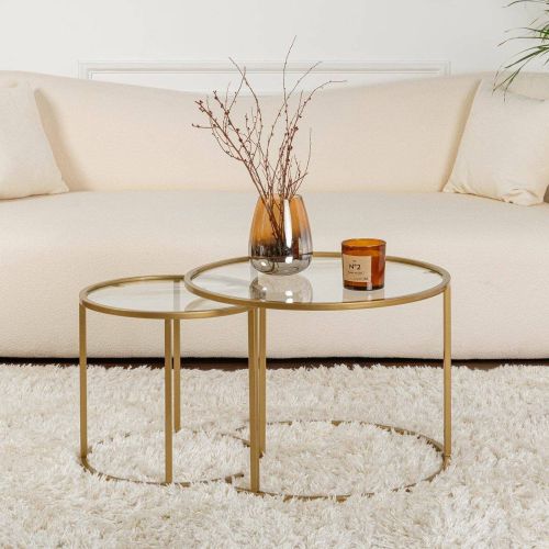 Tavolino da Salotto oro set di 2 Tavolini Peso Massimo Supportato 10 kg Forma Rotondo 60x60x43h cm, Materiale Piano in Vetro - Xaden