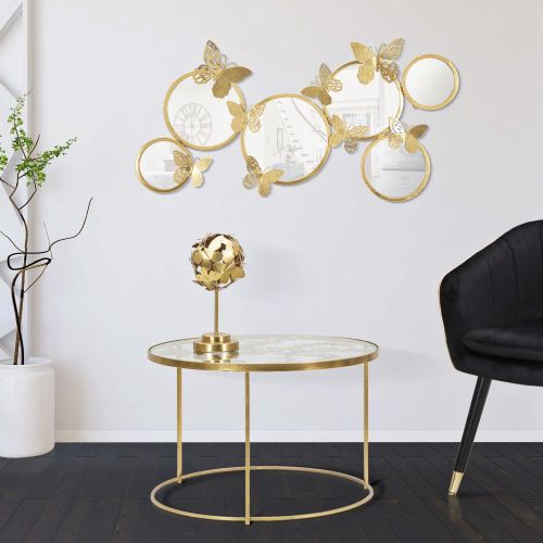 Tavolino da Salotto oro Trasparente Decorazioni con Farfalle Forma Rotondo 60x60x41h cm, Colore Ripiano Trasparente - Taketa