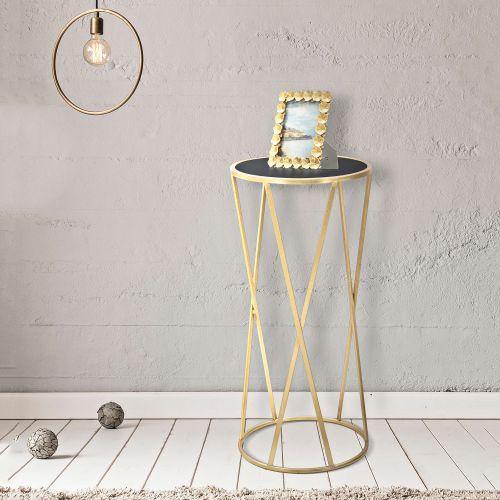 Tavolino da Salotto oro Trasparente Portatelefono Forma Rotondo 35x35x75h cm, Colore Ripiano Trasparente - Alofi