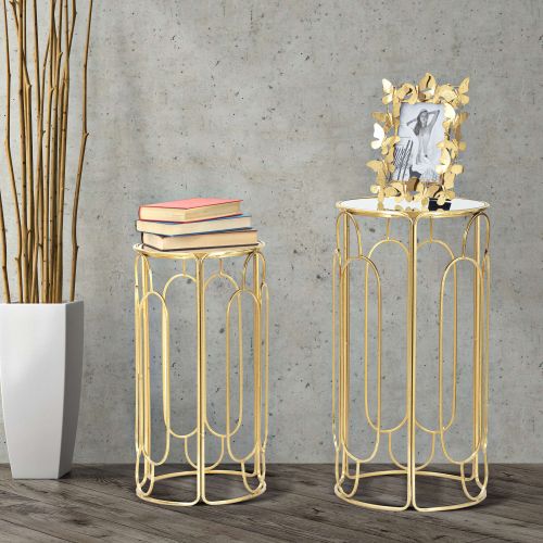 Tavolino da Salotto oro Trasparente set da 2 Forma Rotondo 37x37x70h cm, Colore Ripiano Trasparente - Kuldig