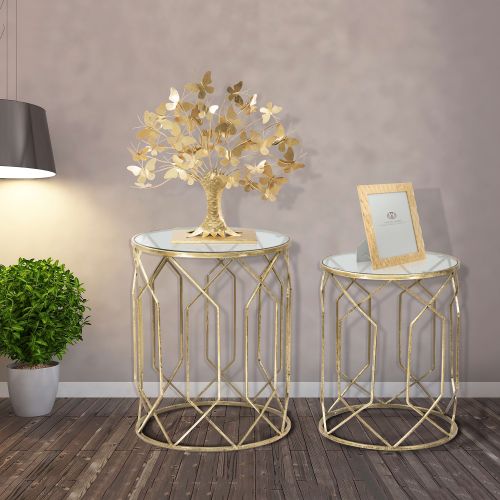 Tavolino da Salotto oro Trasparente set da 2 Forma Rotondo 42x42x53h cm, Colore Ripiano Trasparente - Gamalema