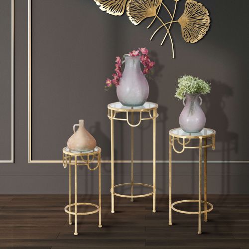 Tavolino da Salotto oro Trasparente set da 3 Portatelefono Forma Rotondo 33x33x70h cm, Colore Ripiano Trasparente - Gama