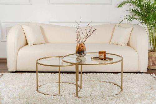 Tavolino da salotto Ragalna, Tavolo basso da caffè, Portariviste per divano, Ripiano da soggiorno, 80x80 h43 cm, Oro e Trasparente