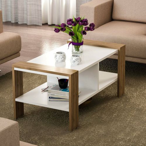 Tavolino da salotto rettangolare bianco e noce 90x60x42h cm - Langosco