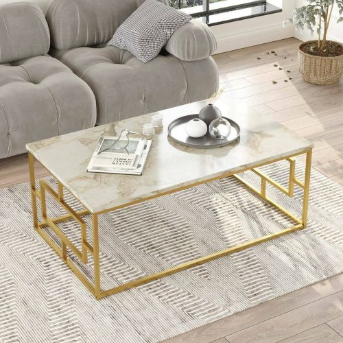 Tavolino da salotto rettangolare bianco marmo e oro 100x60x40h cm - Franca