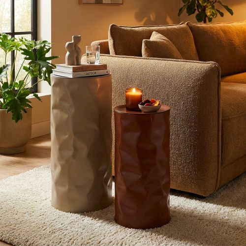 Tavolino da Salotto Rosso Beige set da 2 Forma Rotondo 34x74x34h cm, Colore Ripiano Rosso - Ganipara