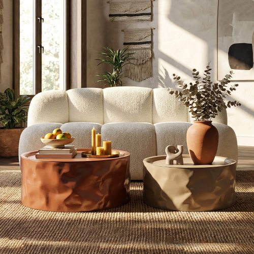 Tavolino da Salotto Rosso Marrone set da 2 Forma Rotondo 34x66x66h cm, Colore Ripiano Rosso - Ganovama