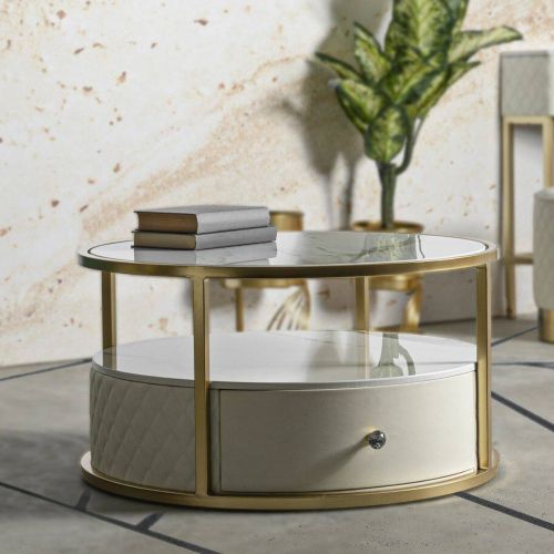 Tavolino da salotto rotondo bianco e oro 75x75x40h cm con 1 cassetto - Stabia