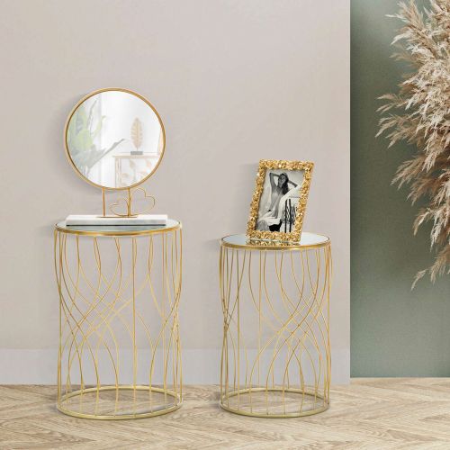 Tavolino da Salotto Trasparente oro set da 2 Forma Rotondo 38x38x55h cm, Colore Ripiano Trasparente - Fate