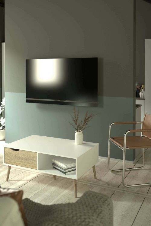 Tavolino da salotto Veronique, Tavolo basso da caffè, Portariviste per divano, Ripiano da soggiorno, 99x60 h43 cm, Bianco e Quercia
