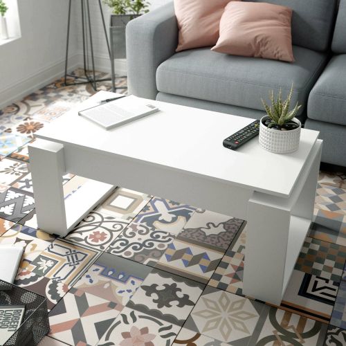 Tavolino salotto rettangolare bianco 105x45x55h cm con piano elevabile - Aspra
