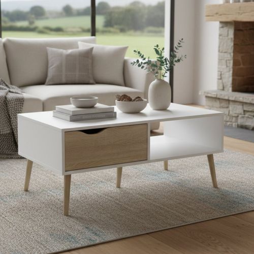 Tavolino salotto rettangolare bianco e quercia 98x60x43h cm con 1 cassetto - Sfene