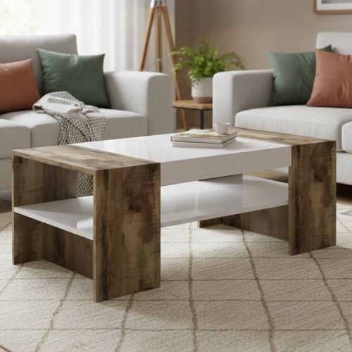 Tavolino salotto rettangolare bianco lucido e acero 110x60x40h cm - Ashar
