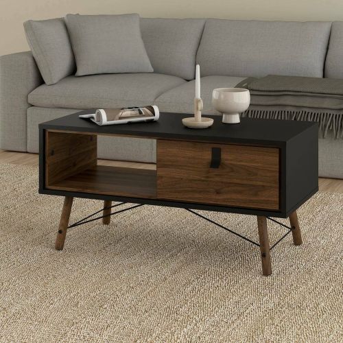 Tavolino salotto rettangolare nero e noce 101x48x50h cm con 1 cassetto - Maximilien