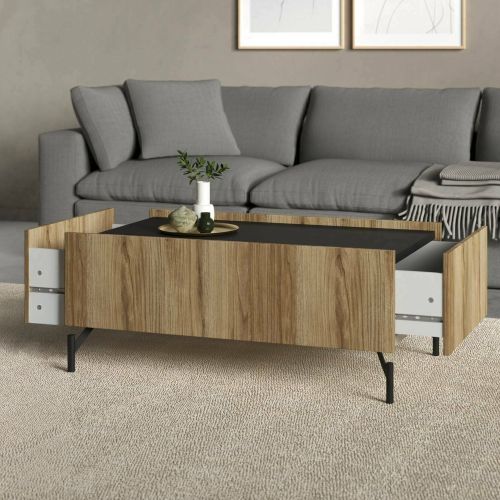 Tavolino salotto rettangolare quercia e nero 100x60x43h cm con 2 cassetti - Bijli