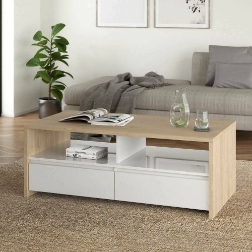 Tavolino salotto rettangolare rovere e bianco lucido 120x60x45h cm con 2 cassetti - Shote