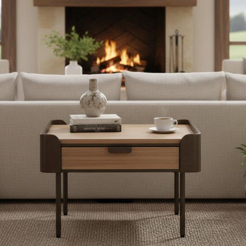 Tavolino soggiorno quadrato grigio e marrone 60x60x41h cm con 2 cassetti - Icona