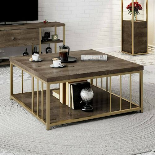 Tavolino soggiorno quadrato noce e oro 90x90x40h cm - Raiden
