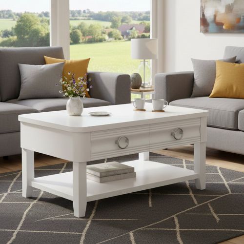 Tavolino soggiorno rettangolare bianco 90x60x47h cm con 2 cassetti - Taylor
