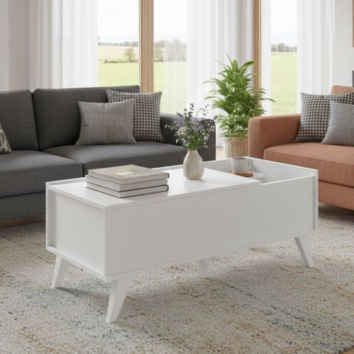 Tavolino soggiorno rettangolare bianco 99x60x41h cm piano elevabile - Alexius