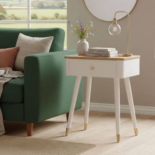 Tavolino soggiorno rettangolare bianco e marrone 45x32x62h cm con 1 cassetto - Fridal