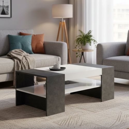 Tavolino soggiorno rettangolare bianco lucido e ardesia 110x60x40h cm - Ashar