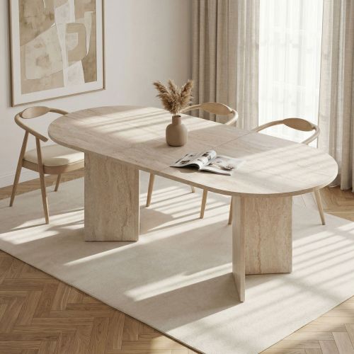 Tavolo Allungabile Beige Marmo 6 Posti Allungabile 160x90x75h cm, Meccanismo Estensione Allunga Centrale - Noba