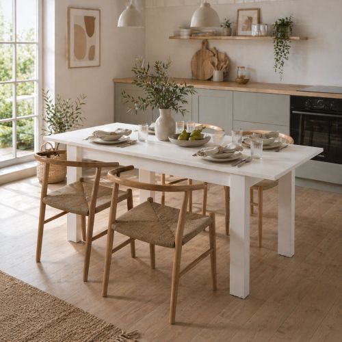 Tavolo Allungabile Bianco Opaco 8 Posti Allungabile 120x80x76h cm, Meccanismo Estensione Allunga Centrale - Marudo