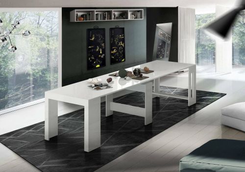 Tavolo allungabile Martino, Consolle allungabile fino a 12 posti, Tavolo con portallunghe, 100% Made in Italy, cm 51-300x90h77, Bianco lucido