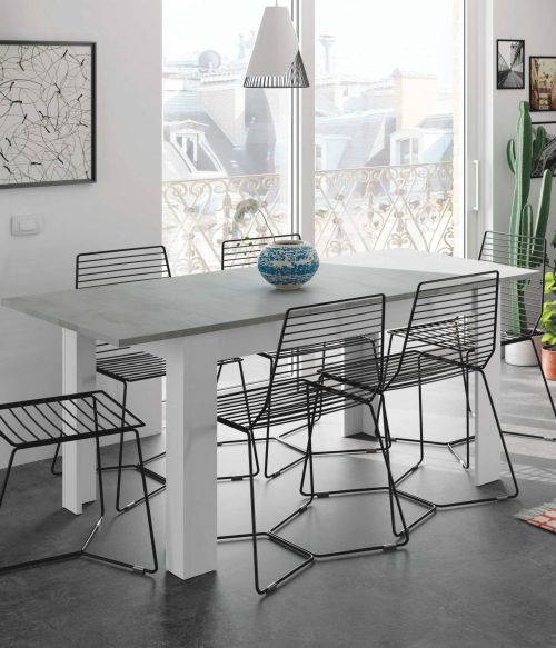 Tavolo allungabile Midland, Consolle estensibile per sala da pranzo, Tavolo apribile da cucina con prolunga, 140-190x90h78 cm, Cemento e Bianco