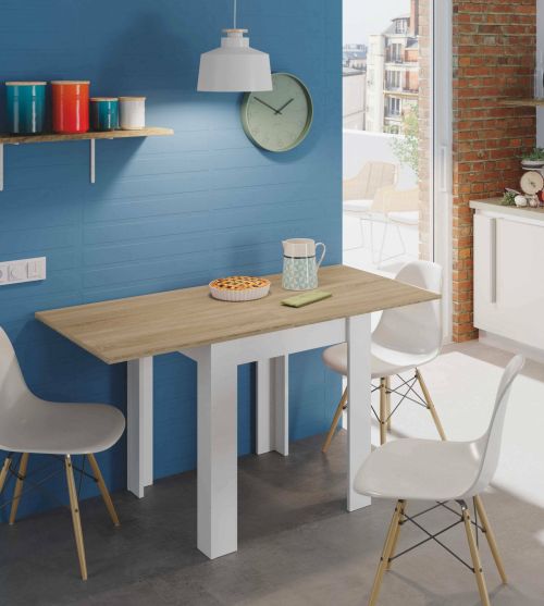 Tavolo allungabile Newark, Tavolo da pranzo pieghevole apertura a libro, Tavolo ausiliario richiudibile, 67x67-135h79 cm, Bianco e Rovere