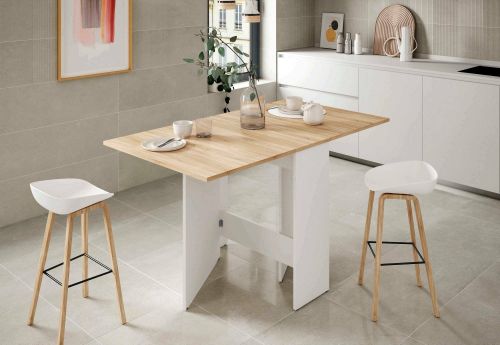 Tavolo allungabile Toledo, Tavolo da pranzo pieghevole con piano abbattibile, Tavolo ausiliario richiudibile, 31x77h78 cm, Bianco e Rovere