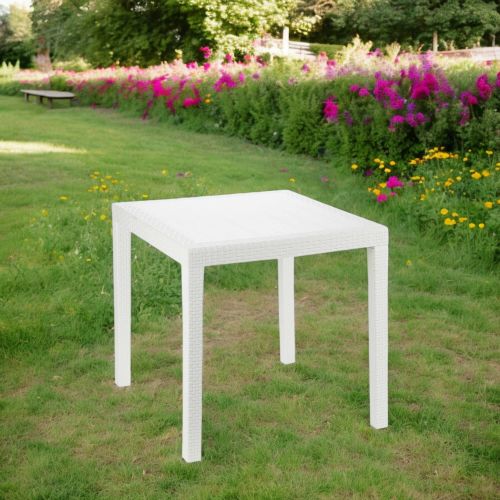 Tavolo da esterno Agrigento, Tavolo quadrato da giardino, Tavolino fisso effetto rattan, 100% Made in Italy, 80x80h72 cm, Bianco