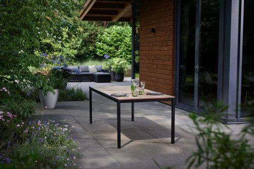 Tavolo da esterno Arbarei, Base per picnic, Piano da pranzo da giardino, Banco outdoor multiuso, 159x95 h75 cm, Rovere e Antracite
