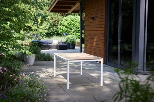 Tavolo da esterno Arbarei, Base per picnic, Piano da pranzo da giardino, Banco outdoor multiuso, 159x95 h75 cm, Rovere e Bianco