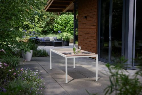 Tavolo da esterno Arbarei, Base per picnic, Piano da pranzo da giardino, Banco outdoor multiuso, 200x95 h75 cm, Rovere e Bianco