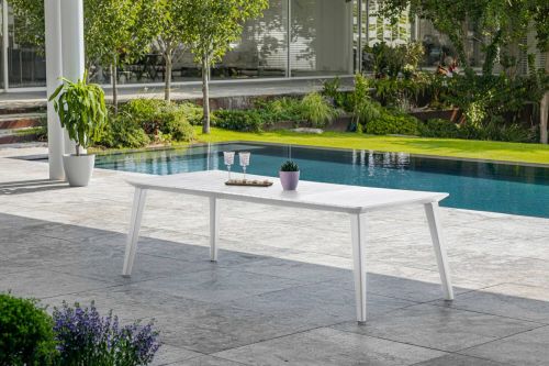 Tavolo da esterno Lezzeno, Base per picnic, Piano da pranzo da giardino, Banco outdoor multiuso, 235x98 h74 cm, Bianco