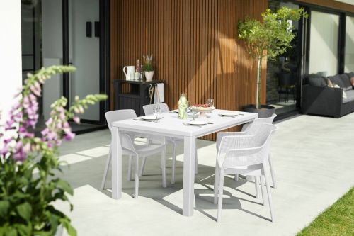 Tavolo da esterno Quiliano, Base per picnic, Piano da pranzo da giardino, Banco outdoor multiuso, 147x90 h75 cm, Bianco