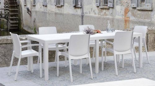 Tavolo da esterno Roma, Tavolo rettangolare allungabile da pranzo, Tavolo da giardino estensibile effetto rattan, 100% Made in Italy, 150-220x90h72 cm, Bianco