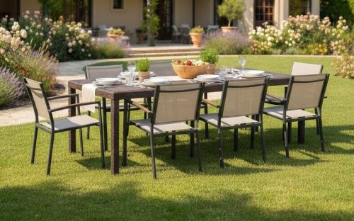 Tavolo da esterno Roma, Tavolo rettangolare allungabile da pranzo, Tavolo da giardino estensibile effetto rattan, 100% Made in Italy, 150-220x90h72 cm, Marrone