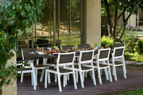 Tavolo da esterno Salisano, Base per picnic, Piano da pranzo da giardino, Banco outdoor multiuso, 162x101 h77 cm, Bianco e Grigio scuro