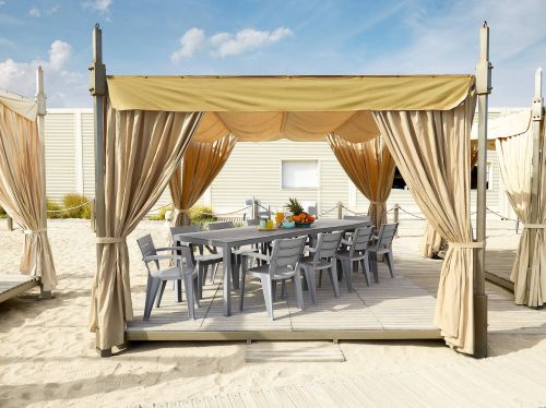 Tavolo da esterno Varda, Base per picnic, Piano da pranzo da giardino multiposizione, Banco outdoor multiuso, Made in Italy, 292x86 h74 cm, Grigio
