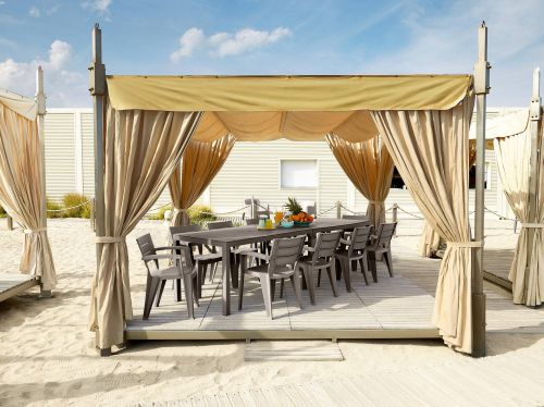 Tavolo da esterno Varda, Base per picnic, Piano da pranzo da giardino multiposizione, Banco outdoor multiuso, Made in Italy, 292x86 h74 cm, Tortora