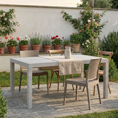 Tavolo da giardino effetto rattan 10 posti 150x90cm bianco - Adila