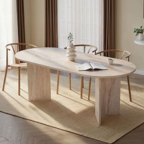 Tavolo Fisso Beige Marmo 6 Posti Forma Ovale 200x90x75h cm, Materiale Piano in Legno Nobilitato - Nofalota