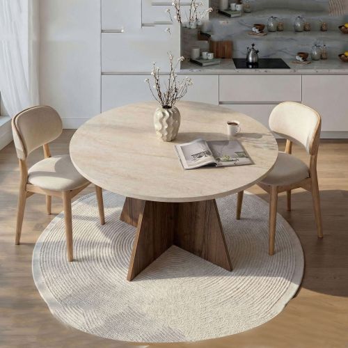 Tavolo Fisso Beige Marmo Marrone Noce 4 Posti Forma Rotondo 120x120x75h cm, Colore Ripiano Beige - Racale