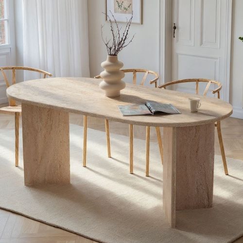 Tavolo Fisso Bianco Marmo 6 Posti Forma Ovale 180x89.5x75h cm, Peso Supportato 70 kg - Monterano